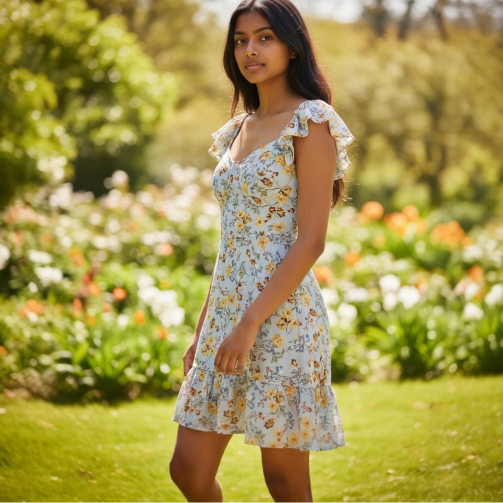 As U Wish Juniors' Floral Flutter-Sleeve Wrap Dress,‎ Light Blue, Size Medium